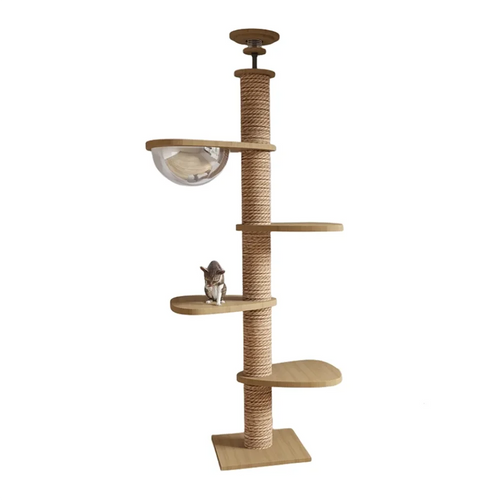 Arbre à chat sol plafond LATOURE en bois et sisal avec plateformes et capsule suspendue pour chat